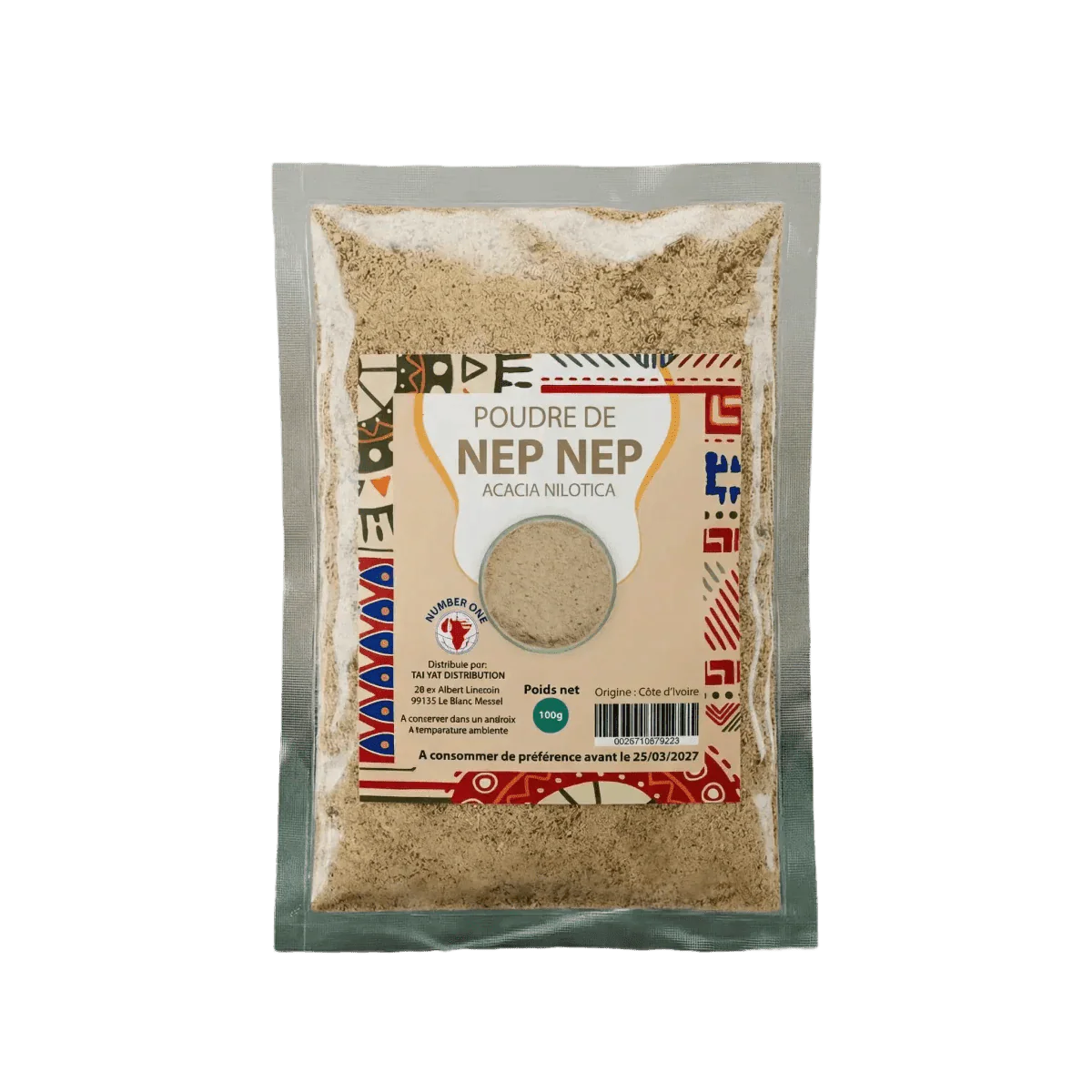 Sachet de poudre de Nep Nep de Tai Yat Distribution. Gros plan de l'emballage sur fond uni.