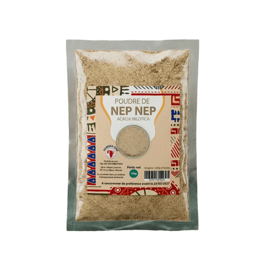 Sachet de poudre de Nep Nep de Tai Yat Distribution. Gros plan de l'emballage sur fond uni.