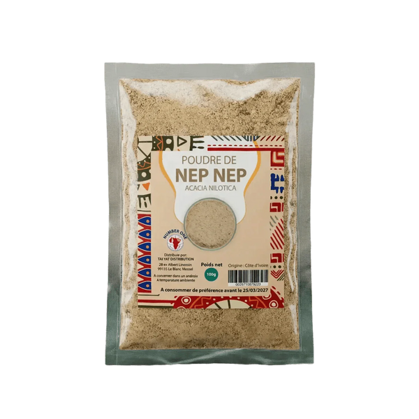Sachet de poudre de Nep Nep de Tai Yat Distribution. Gros plan de l'emballage sur fond uni.