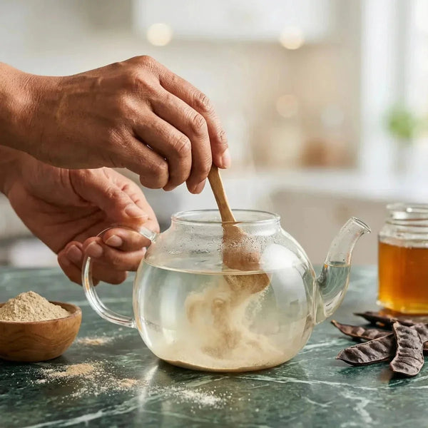 Nep Nep en poudre (100g). Préparation artisanale : une main mélange la poudre dans une théière.