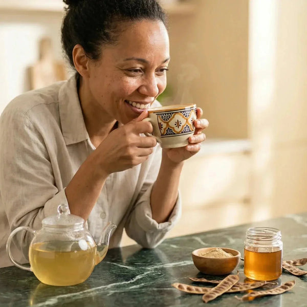 Photo Nep Nep en poudre. Femme souriante boit du thé. Théière, miel, poudre & gousses sur comptoir.