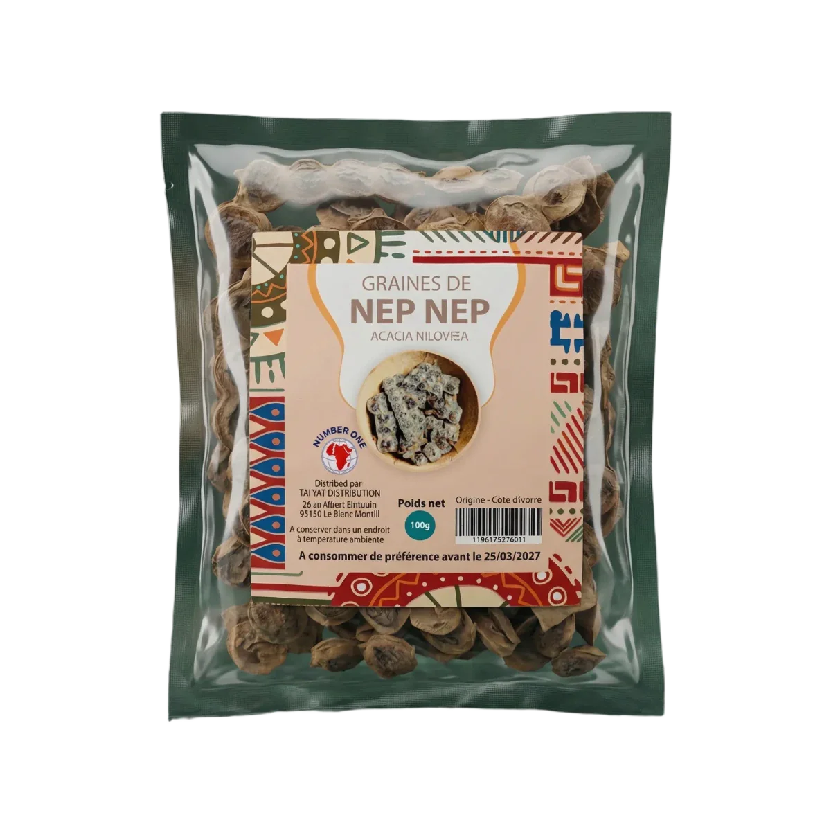 Sachet de graines de Nep Nep entier, marque NUMBER ONE, 100g. Emballage vert transparent.