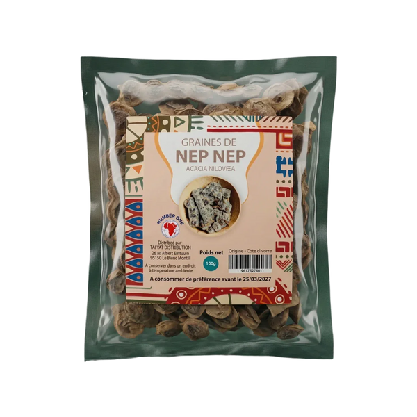 Beutel mit ganzen Nep Nep Samen, Marke NUMBER ONE, 100g. Transparent-grüne Verpackung.