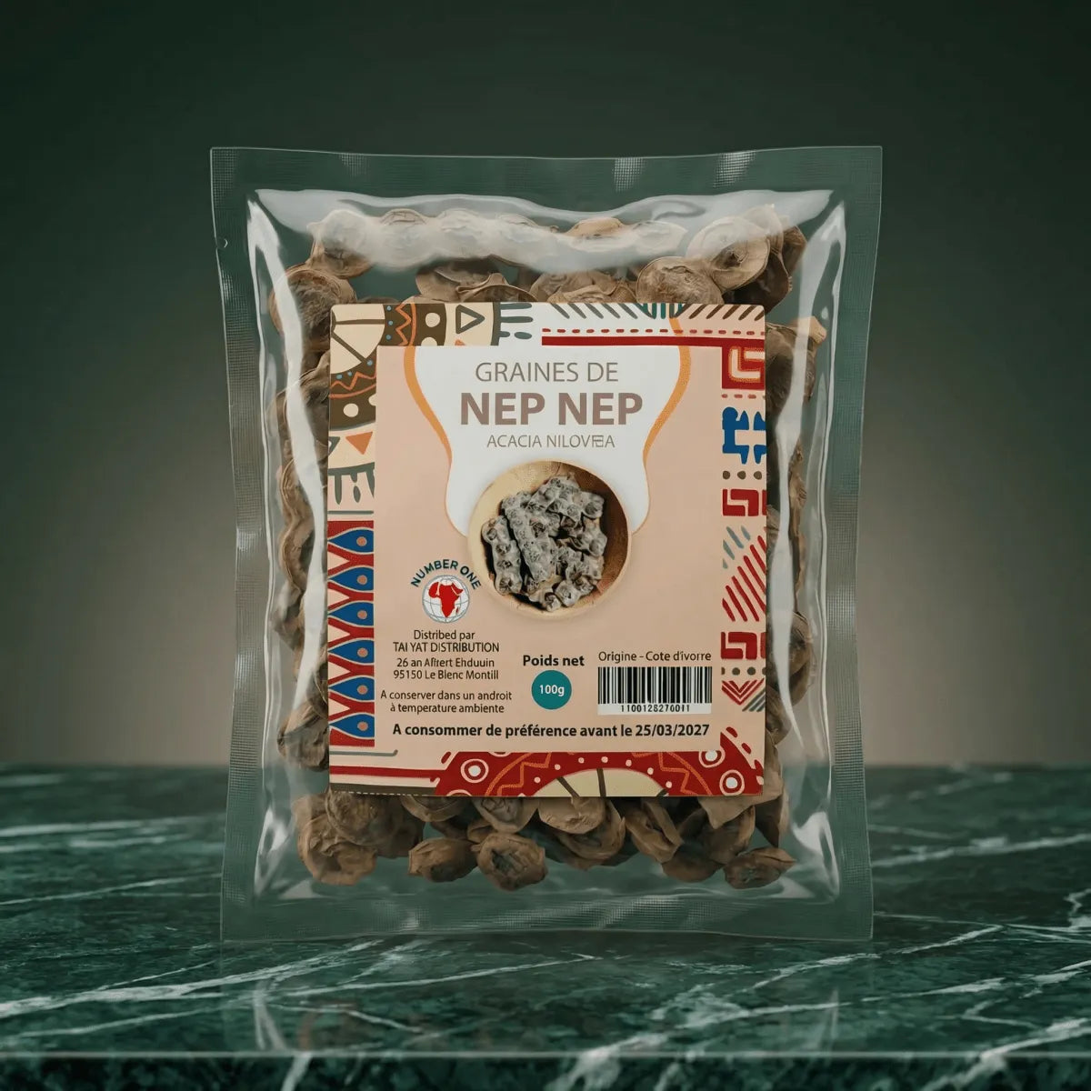 Transparentes Beutel mit ganzen Nep Nep NUMBER ONE (100g) grün marmoriert. Verpackung mit ethnischen Mustern.