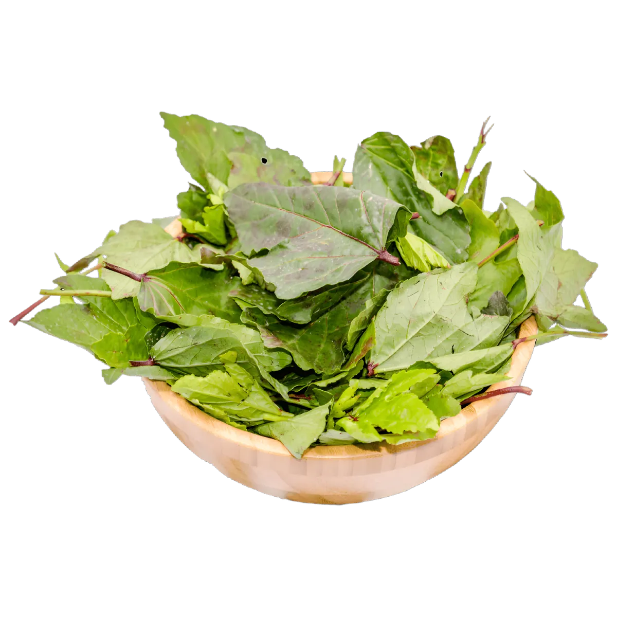 Feuilles de Bissap Bio - N'gai N'gai dans un bol en bois, plante fraîche au goût acidulé, parfaite pour plats exotiques et boissons santé.