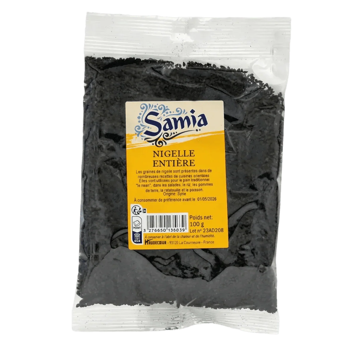 A bag of whole nigella seeds Samia. The packaging is transparent.
