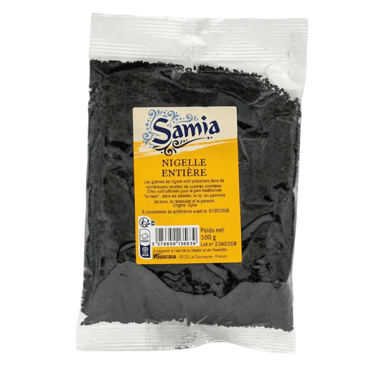 A bag of whole nigella seeds Samia. The packaging is transparent.