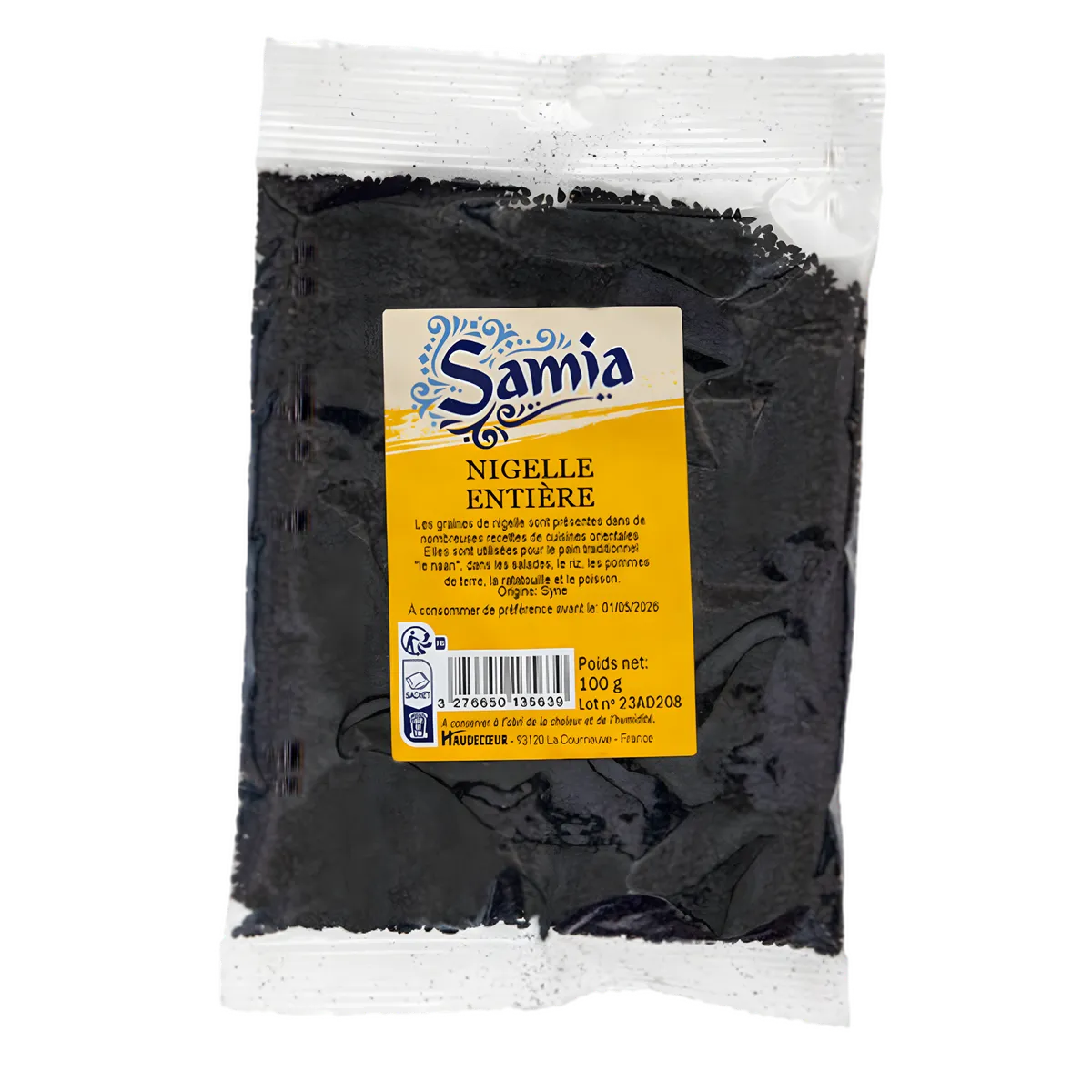 Nigelle Graines SAMIA - Graines de nigelle entières en sachet 100g, idéales pour usage culinaire et nutritionnel en épicerie salée.