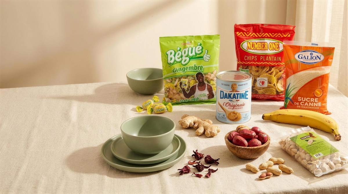 Produits africains et caribéens NKOSI : bonbons gingembre Bégué, pâte d'arachide Dakatine, chips de plantain, sucre de canne Le Galion, noix de cola fraîches et baobab Tantie sur une table en lin crème
