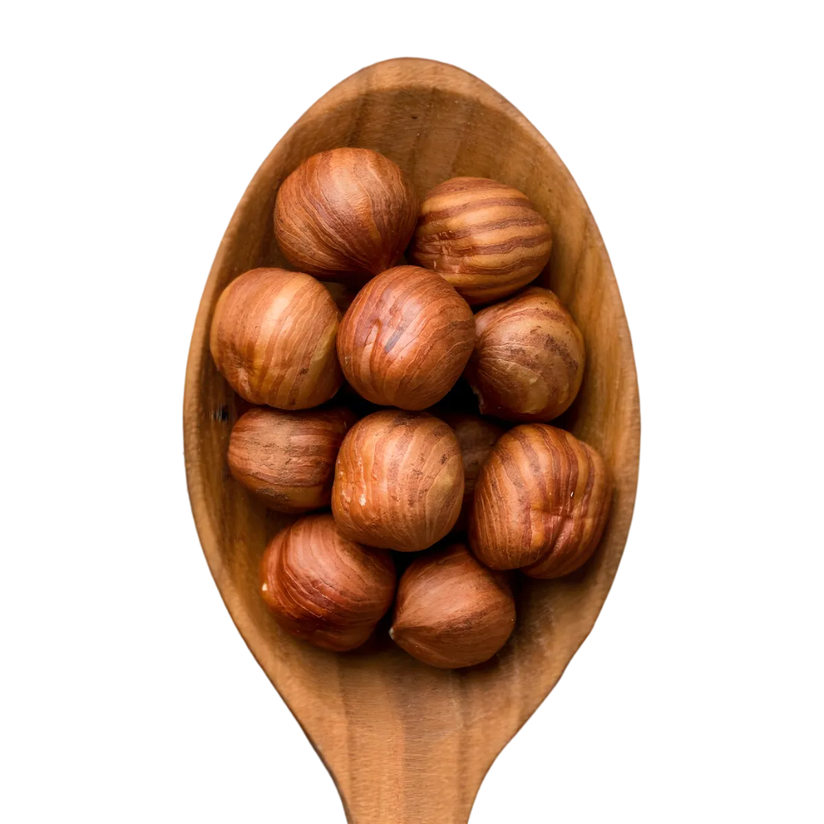 Cuillère en bois remplie de noisettes crues décortiquées PROFRUIT, parfaites pour une collation savoureuse ou ingrédient de recette saine.