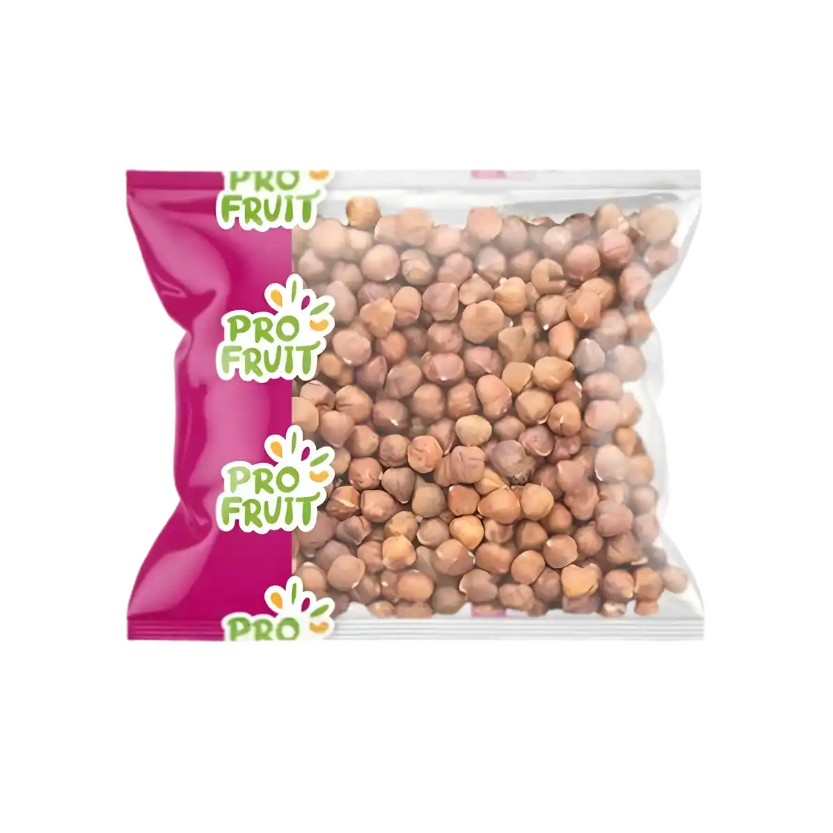 Noisettes crues PROFRUIT en sachet transparent avec logo, collation saine et savoureuse idéale pour les amateurs de fruits secs naturels.