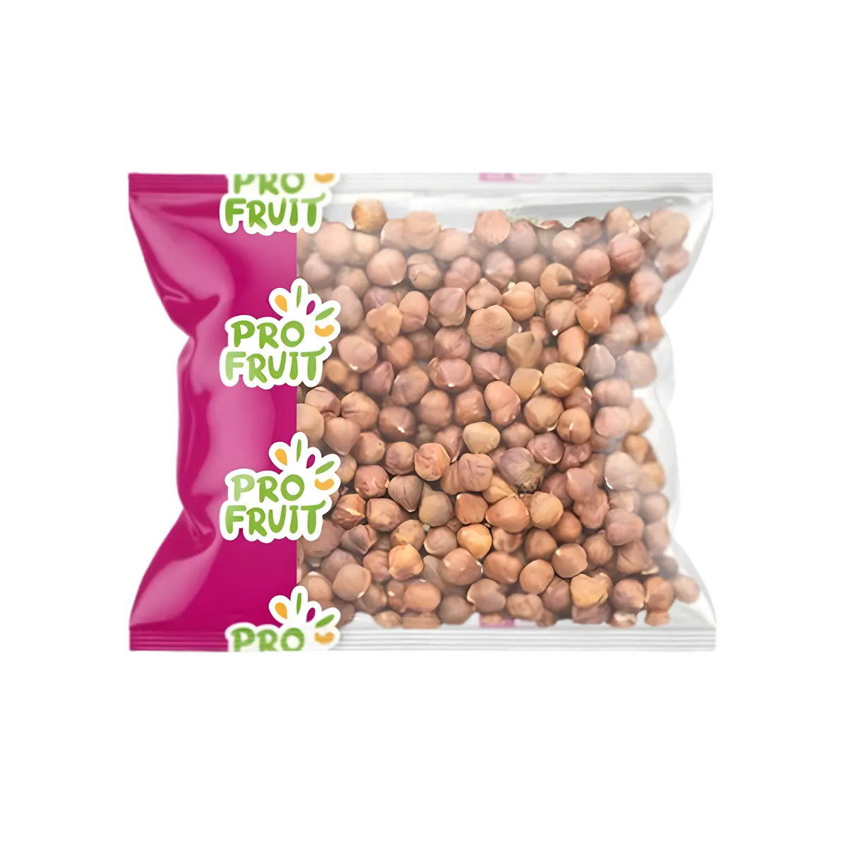 Noisettes crues PROFRUIT en sachet transparent avec logo, collation saine et nutritive dans la catégorie fruits secs alimentaires.