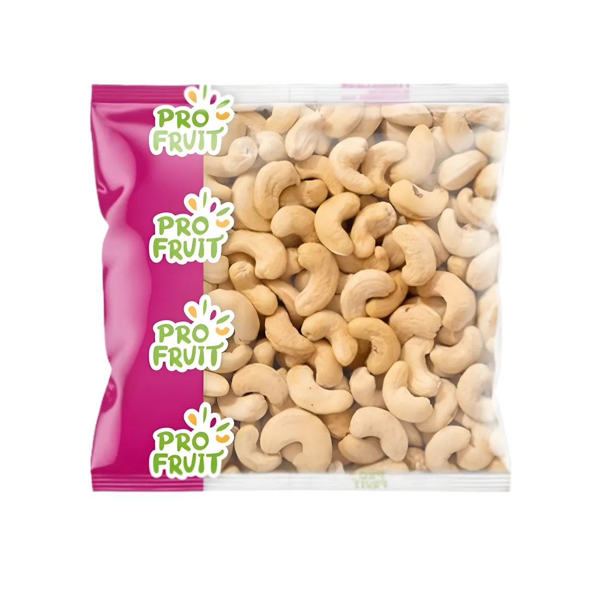 Noix de cajou crues PROFRUIT en sachet transparent avec logo coloré, collation nutritive et saine idéale pour les fruits secs.