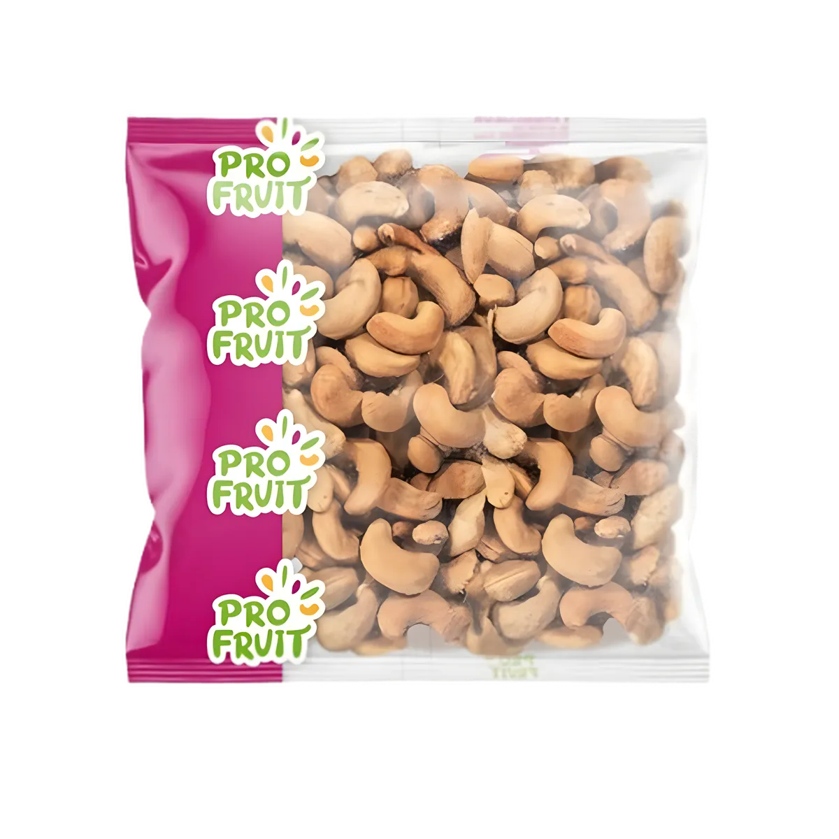 Noix de cajou grillées PROFRUIT en sachet transparent avec logo, en-cas salé parfait dans la catégorie fruits secs pour une pause gourmande.