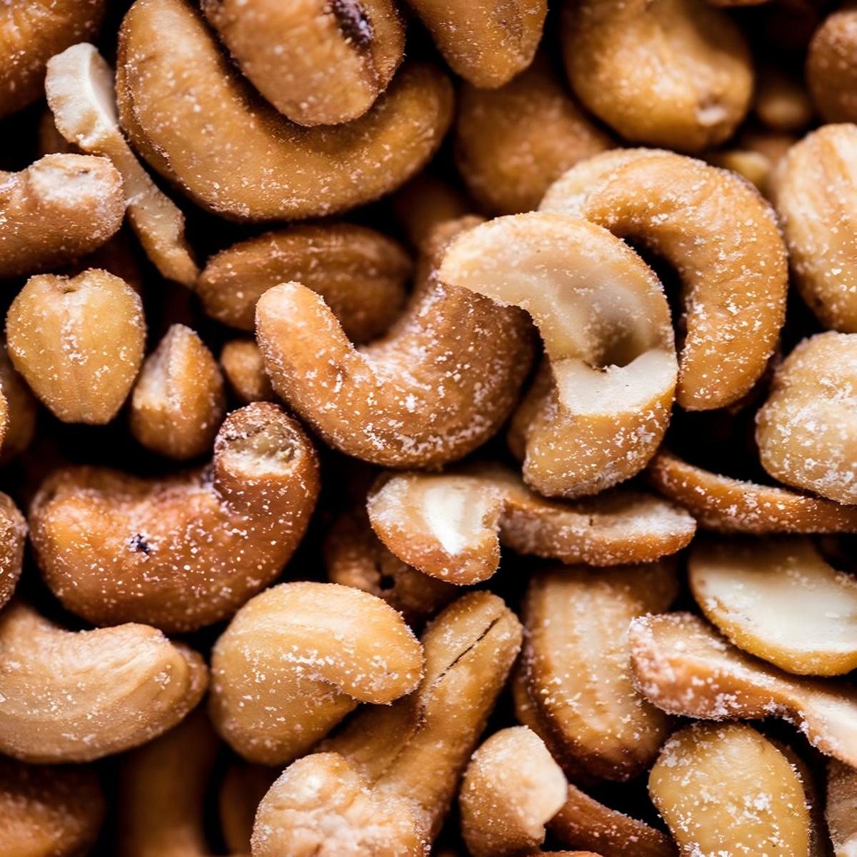 Gros plan sur des noix de cajou grillées salées PROFRUIT, texture dorée et salée, parfaites comme en-cas sec et savoureux - NKOSI.