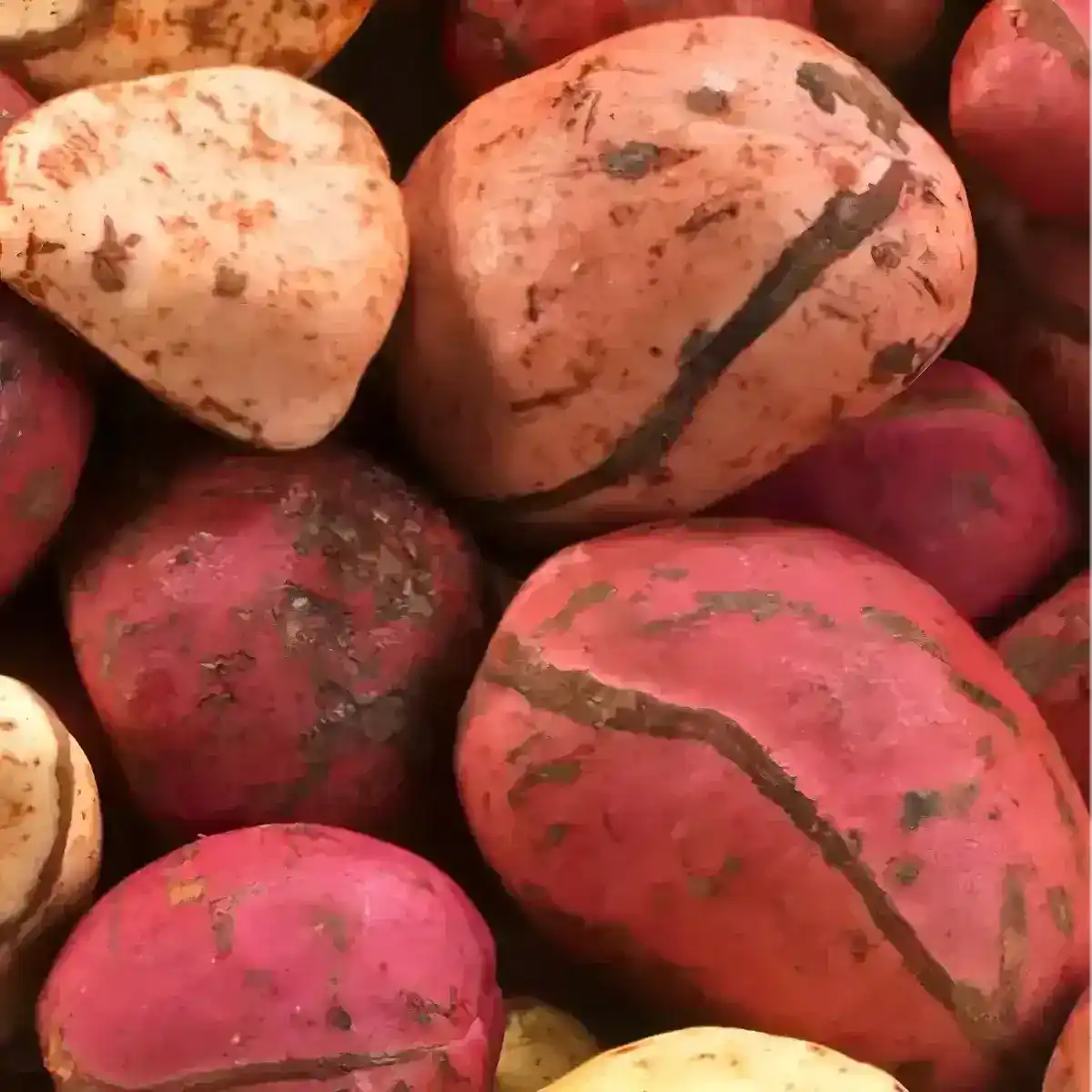 Gros plan sur un mélange de noix de cola rouges et beiges, ingrédient essentiel de la Boisson Cola Rouge, reconnue pour son goût unique et rafraîchissant.