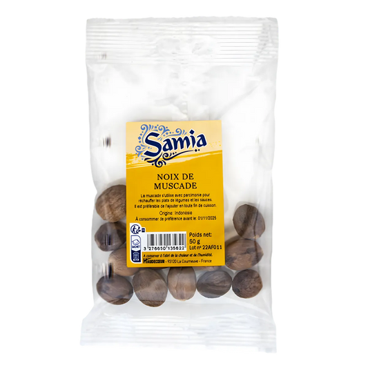 Noix de muscade SAMIA Indonésie en sachet de 50g, épices entières pour cuisine, saveur authentique et arôme intense.