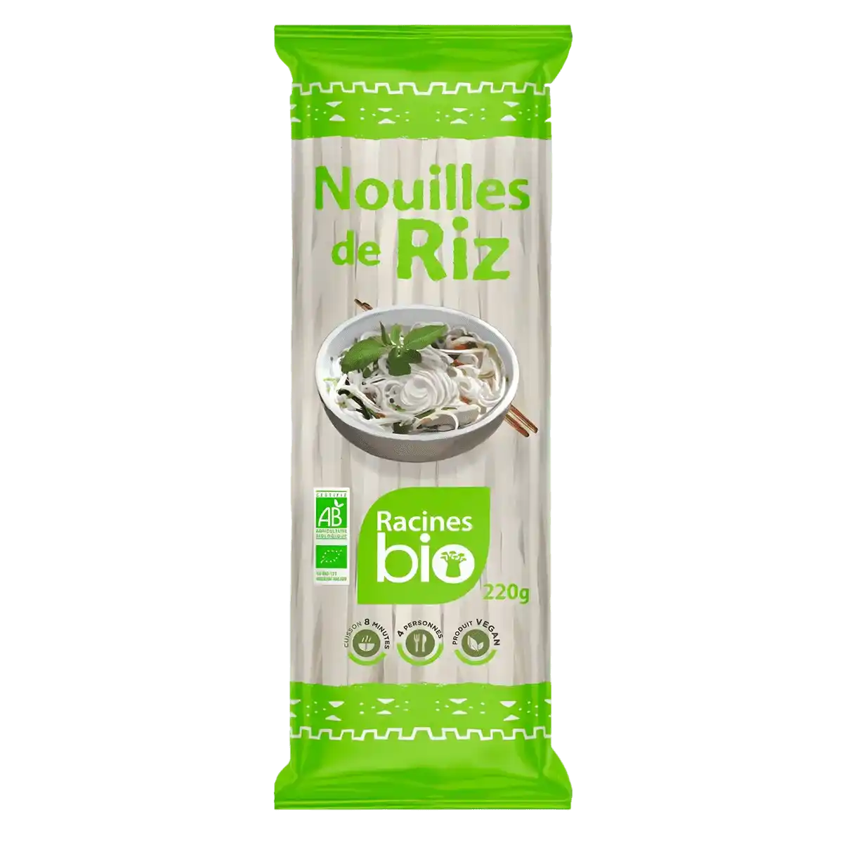 Nouilles de Riz BIO RACINES 220g en emballage vert, produit sans gluten certifié AB, idéal pour plats asiatiques et alimentation saine.