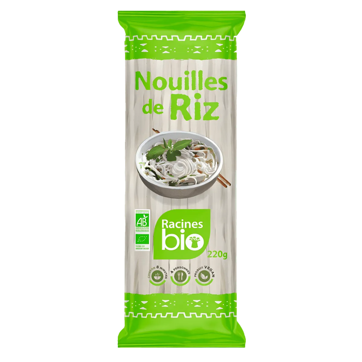 Nouilles de riz RACINES BIO 220g en emballage vert, produit sans gluten issu de l'agriculture biologique - ÉPICERIE SALÉE - NKOSI.