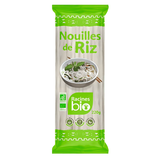 Nouilles de riz RACINES BIO 220g en emballage vert, produit sans gluten issu de l'agriculture biologique - ÉPICERIE SALÉE - NKOSI.