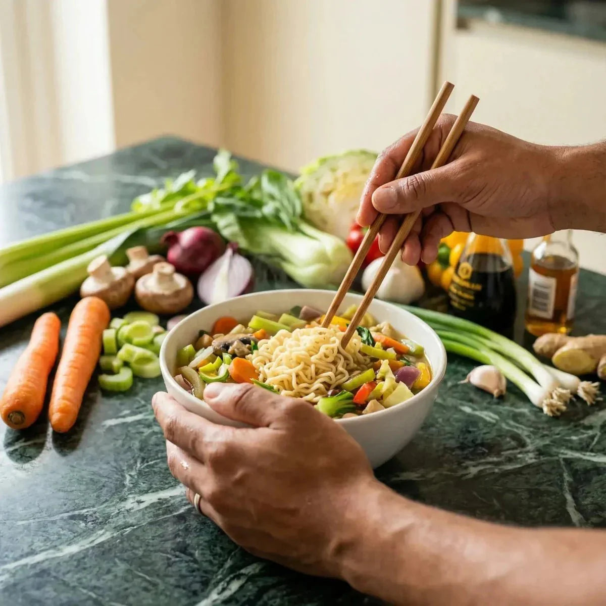 Apollo Noodles Verdure (85g). Ciotola di noodles con verdure, tenuti con le bacchette.
