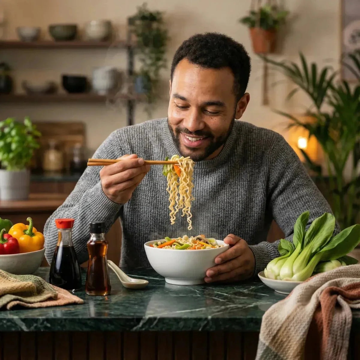 Un uomo gusta noodles alle verdure Apollo con le bacchette.