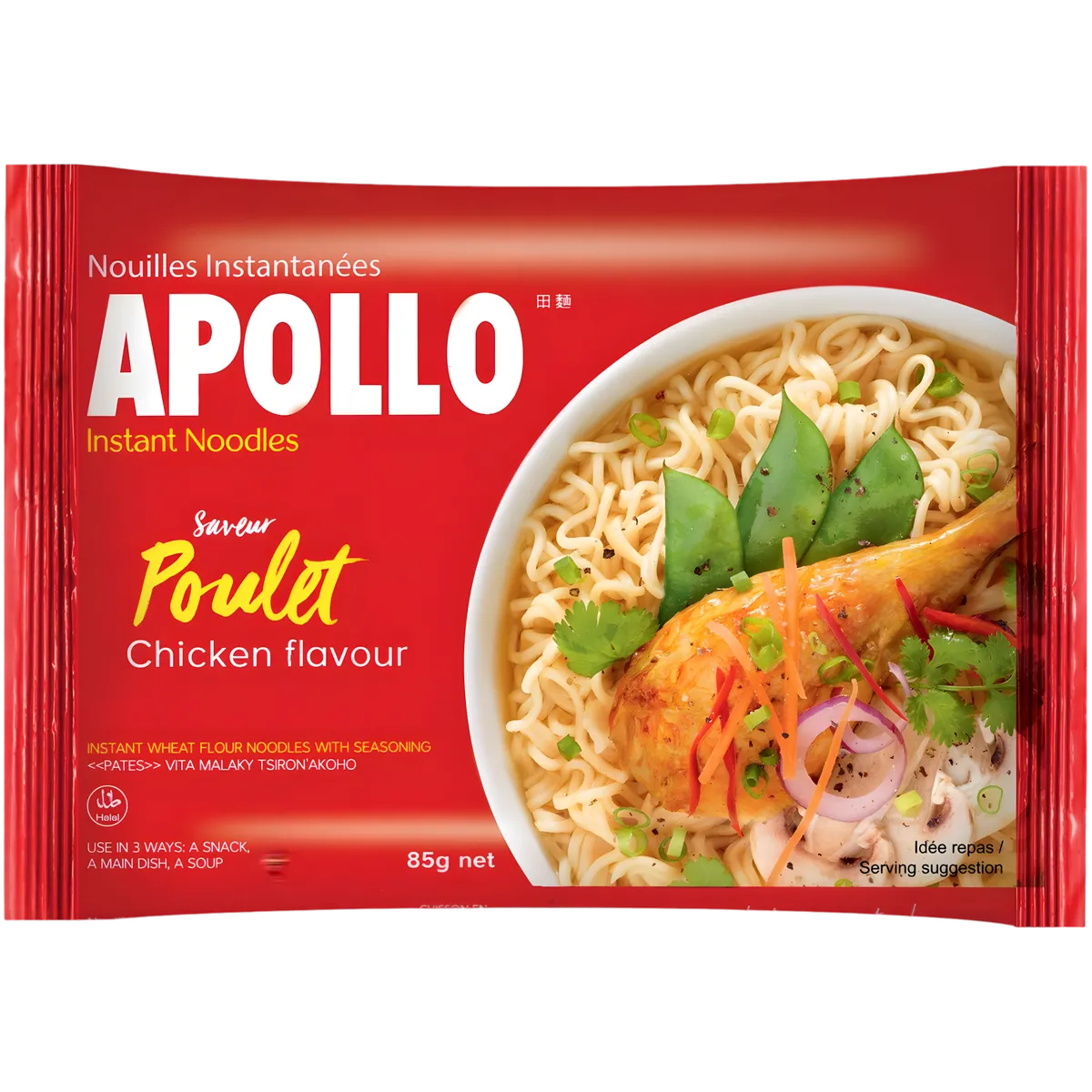 Nouilles Poulet APOLLO - Saveur Authentique, emballage rouge de 85g avec image appétissante de nouilles au poulet et légumes. Repas rapide idéal en épicerie salée.