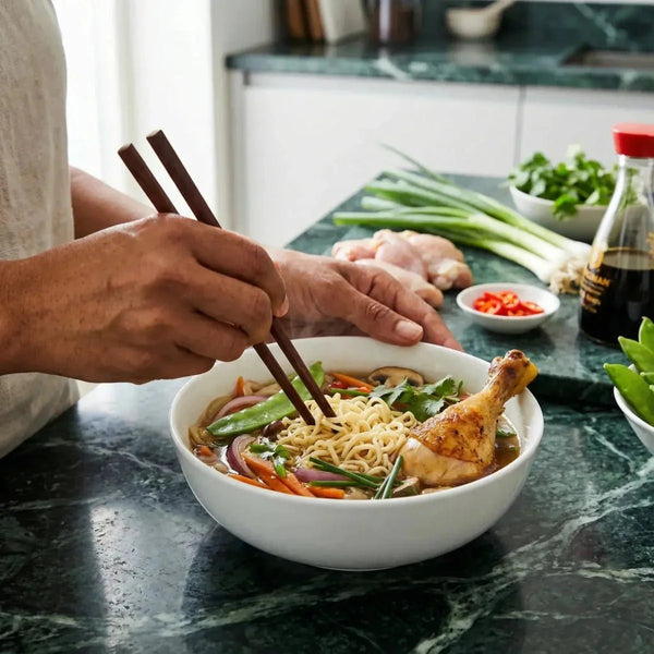 APOLLO Nouilles poulet (85g) : Personne mangeant un bol de ramen au poulet avec des baguettes.