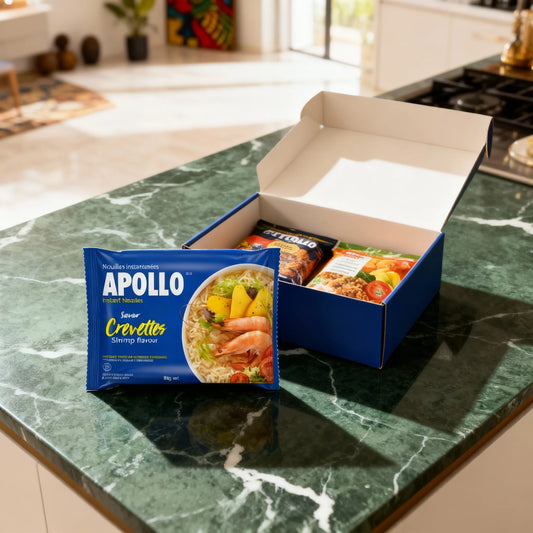 Nouilles crevette APOLLO dans un coffret d'épicerie salée, idéal pour composer un panier repas complet et pratique.