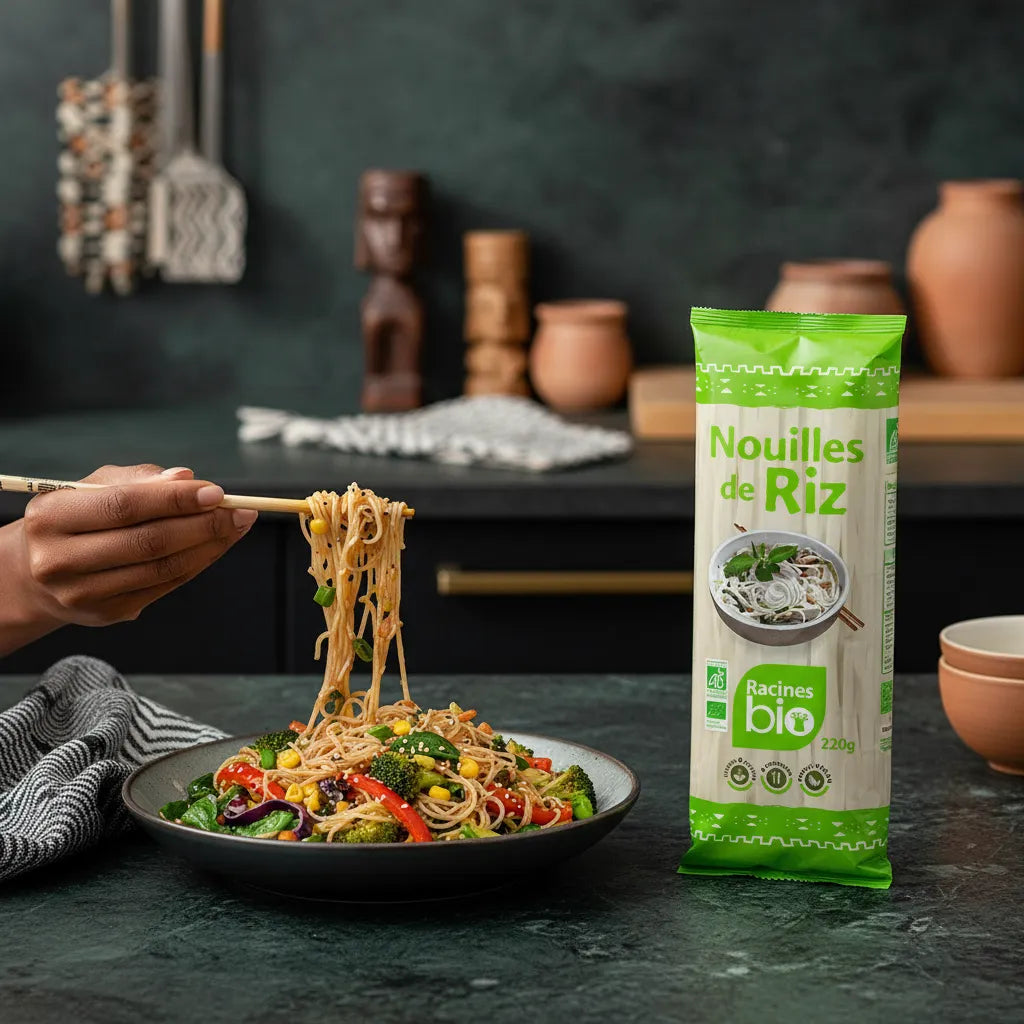 Nouilles de Riz BIO RACINES servies sautées avec légumes, idéales pour cuisine rapide, saine et sans gluten dans l'épicerie salée.