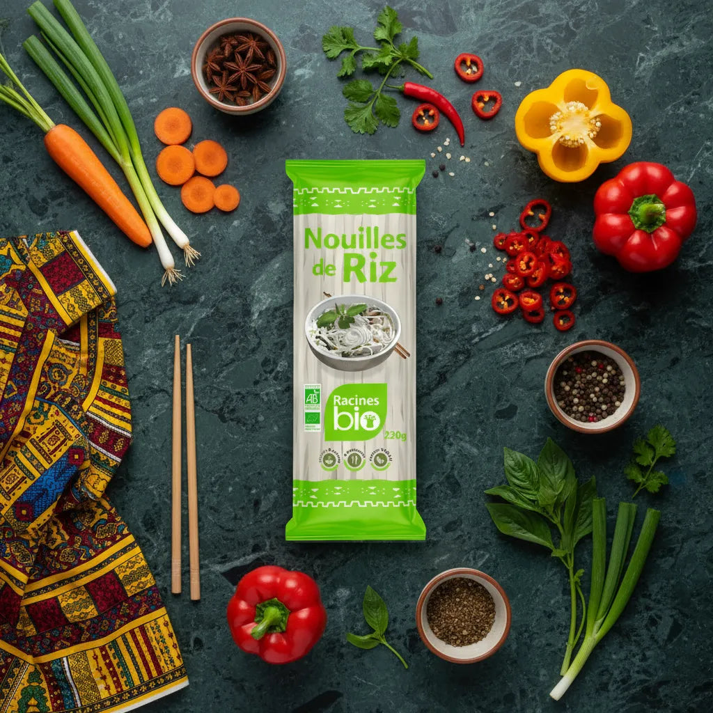 Nouilles de Riz BIO RACINES 220g entourées d'ingrédients frais comme légumes et épices, parfaites pour recettes saines et sans gluten.