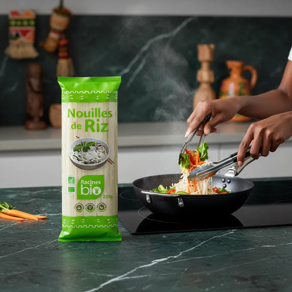 Nouilles de Riz BIO RACINES en cuisson avec légumes frais dans une poêle, parfaites pour recettes asiatiques sans gluten et bio.