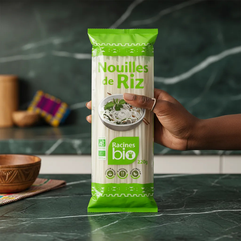 Main tenant un paquet de Nouilles de Riz BIO RACINES 220g, produit bio sans gluten, parfait pour plats équilibrés et végétariens.