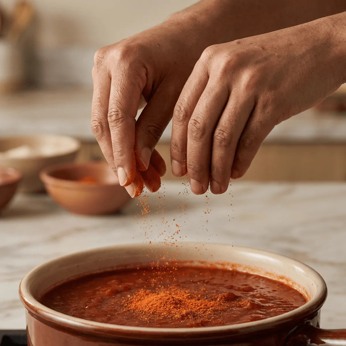 Zwiebel Afrika Pulver NUMBER ONE. Hände, die rote Gewürze in eine Tomatensauce streuen.