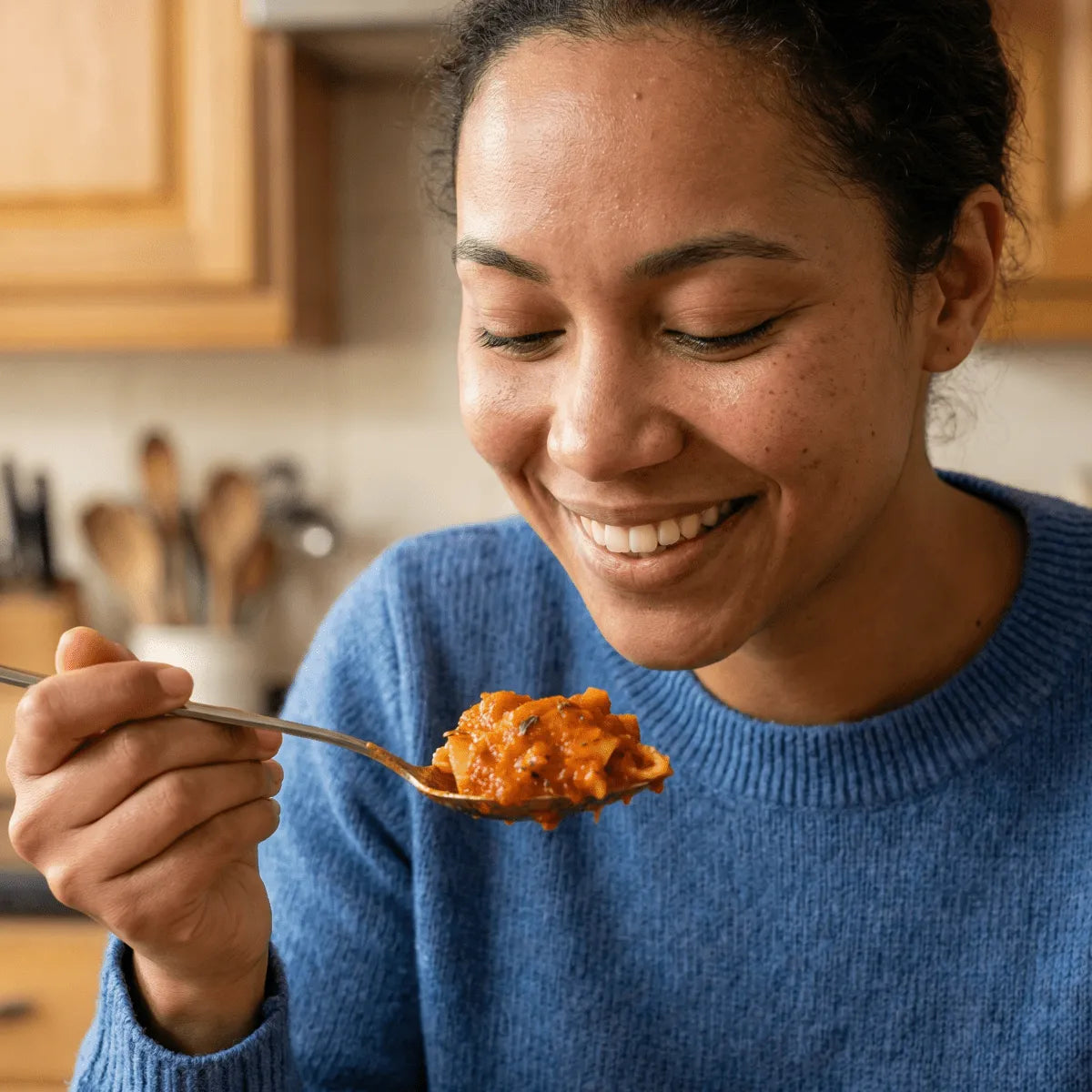NUMBER ONE Zwiebel Afrika Pulver. Lächende Frau, die einen Löffel eines Gerichts in der Küche genießt.