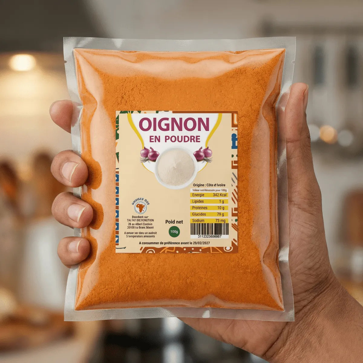 Zwiebel Afrika Pulver NUMBER ONE, präsentiert in einem transparenten Beutel.