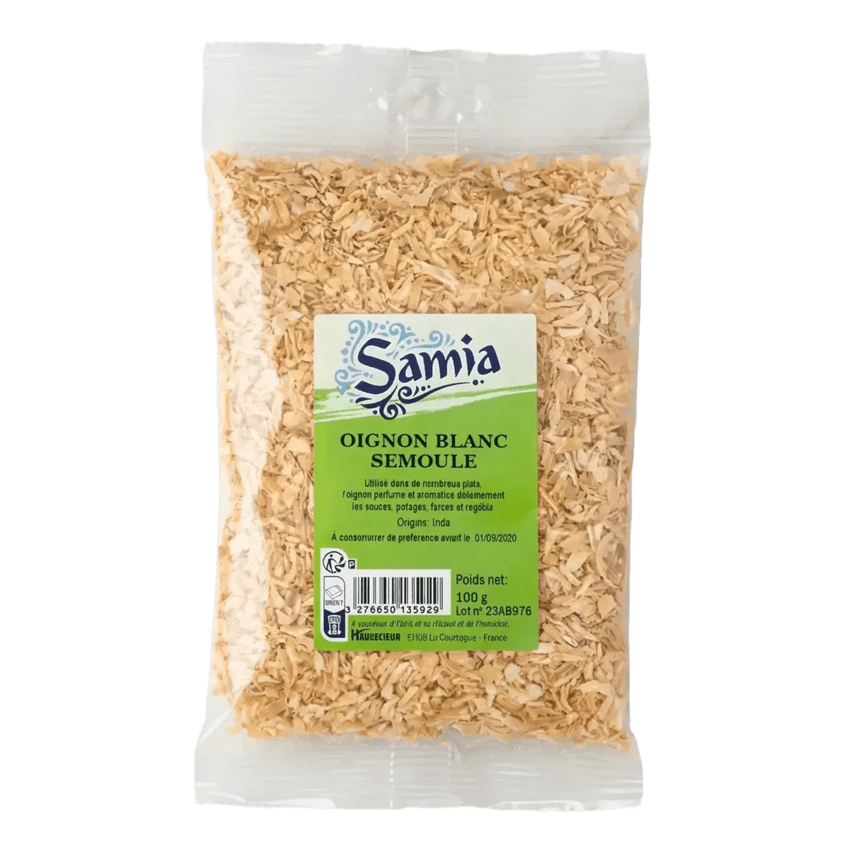 Paquet de semoule d'oignon blanc SAMIA, vue rapprochée du produit emballé sur fond uni.