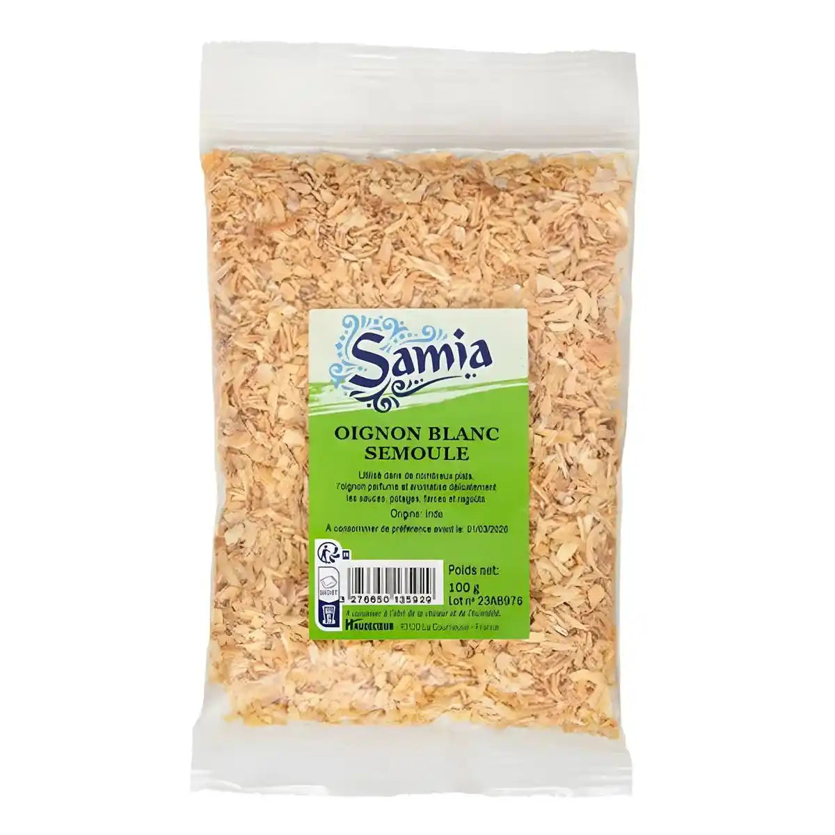 Semoule d'Oignon Blanc SAMIA en sachet de 100g, épice polyvalente pour cuisine rapide et savoureuse. Idéal pour l'épicerie salée.