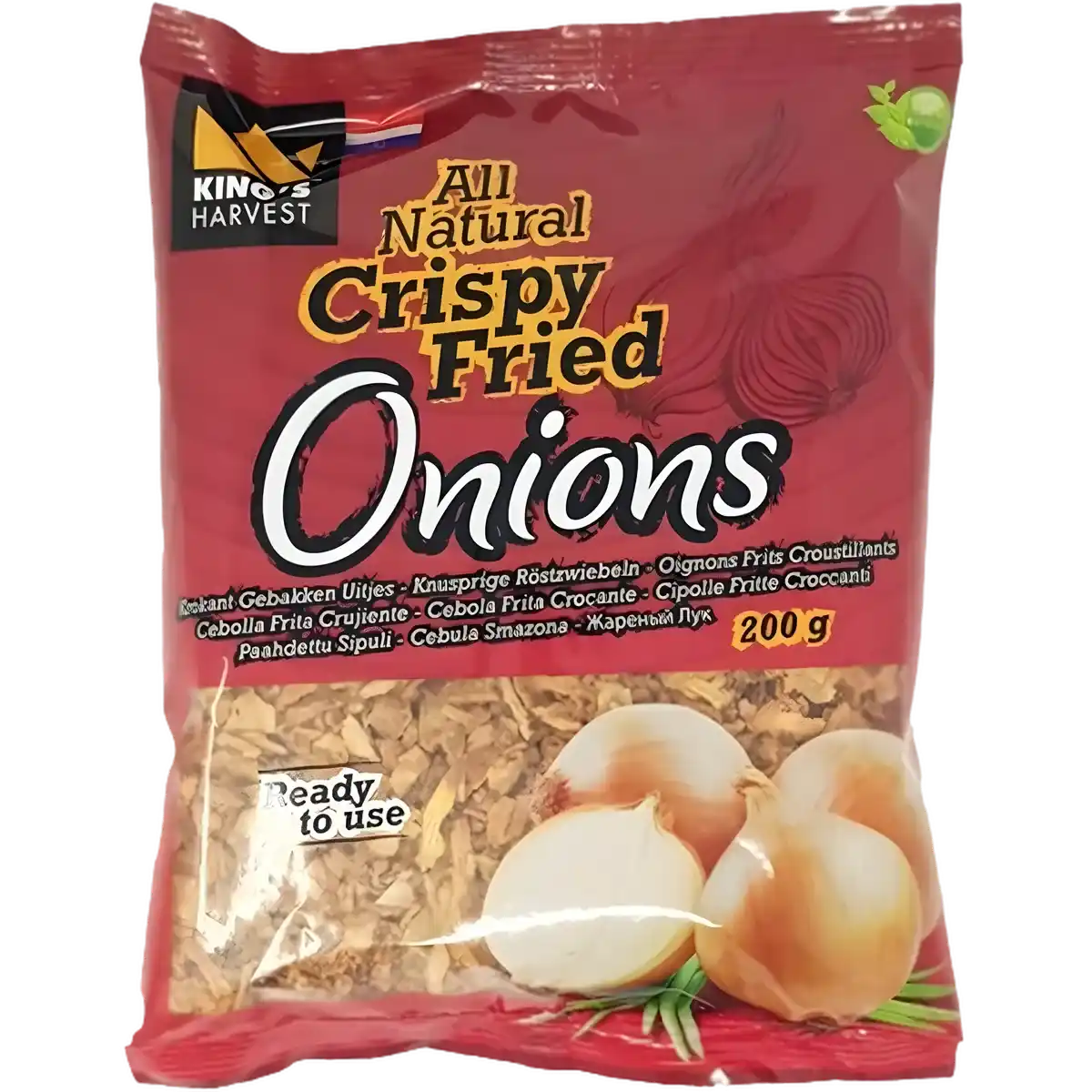 Oignons frits King's Harvest en sachet de 200g, texture croustillante idéale pour garnir plats et salades. Épicerie salée de qualité.