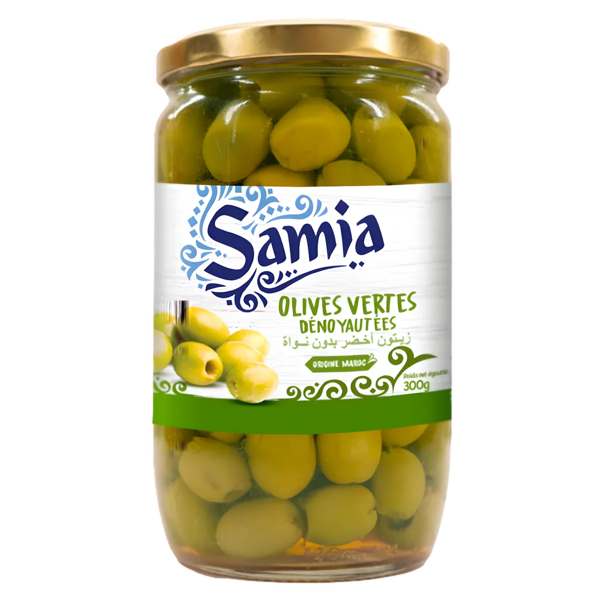 Bocal d'olives vertes dénoyautées SAMIA 300g, épicerie salée de qualité avec goût ferme, idéal pour apéritifs ou plats méditerranéens.