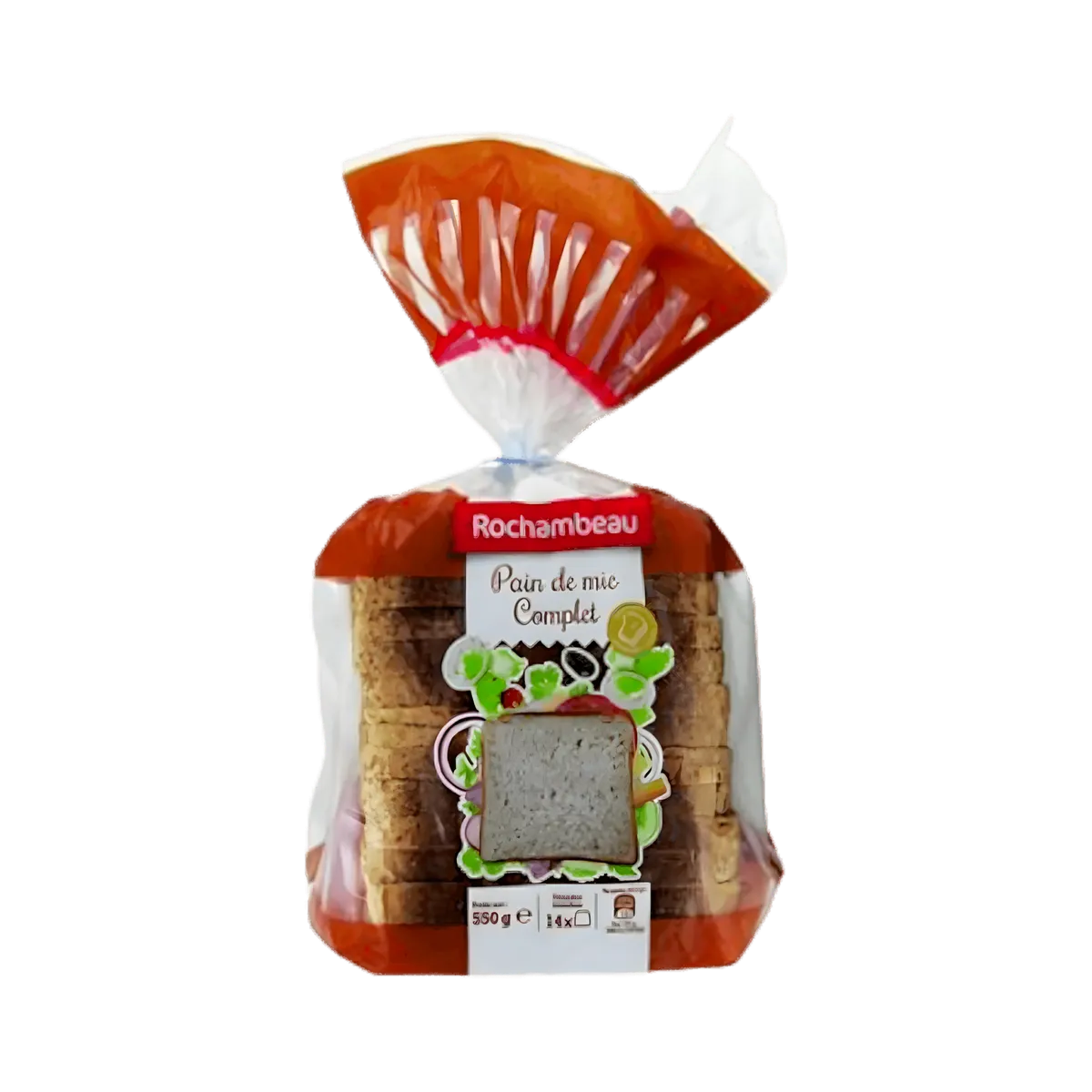 Pain complet Rochambeau - Nutritif et Santé, emballé en sachet plastique de 550g, idéal pour une alimentation équilibrée en boulangerie.