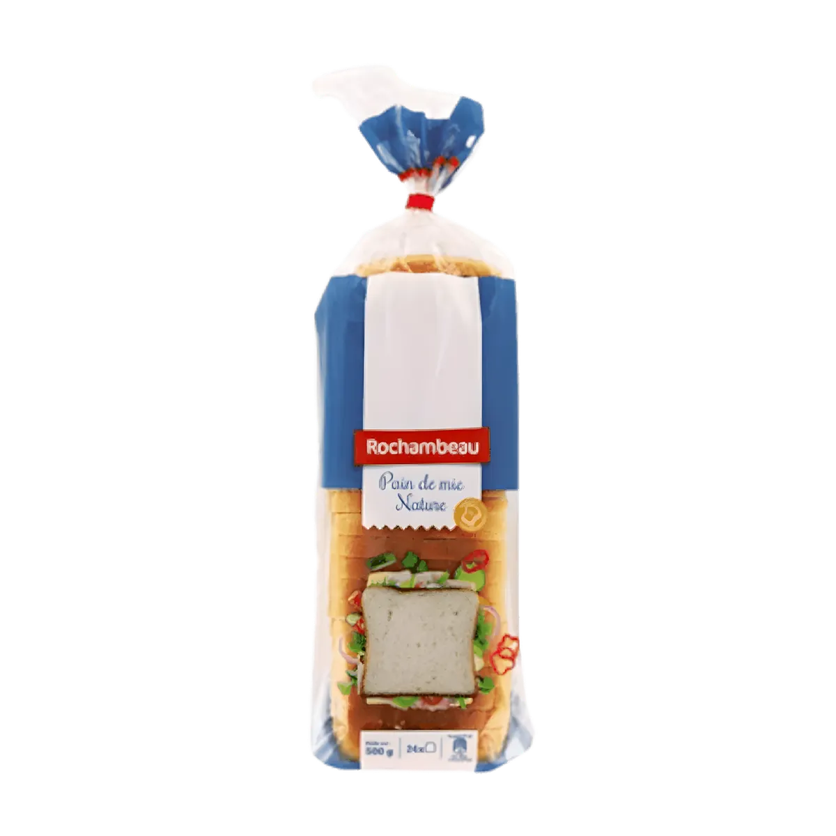 Pain de mie Rochambeau nature en emballage plastique, idéal pour la sandwicherie avec mie blanche moelleuse et croûte fine dorée.
