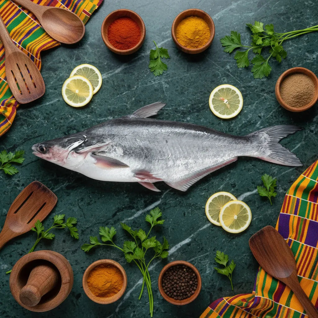 Pangas entier sur table de cuisine avec épices, citron et herbes fraîches. Poisson surgelé parfait pour préparations culinaires variées.