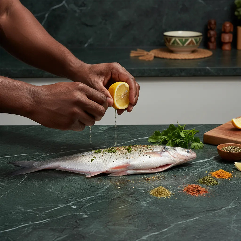 Préparation d’un pangasius entier avec citron et épices. Poisson surgelé prêt à être cuisiné pour plats savoureux et équilibrés.