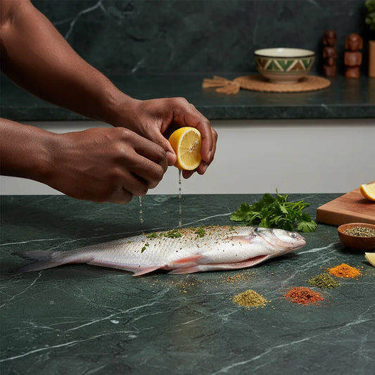 Préparation d’un pangasius entier avec citron et épices. Poisson surgelé prêt à être cuisiné pour plats savoureux et équilibrés.