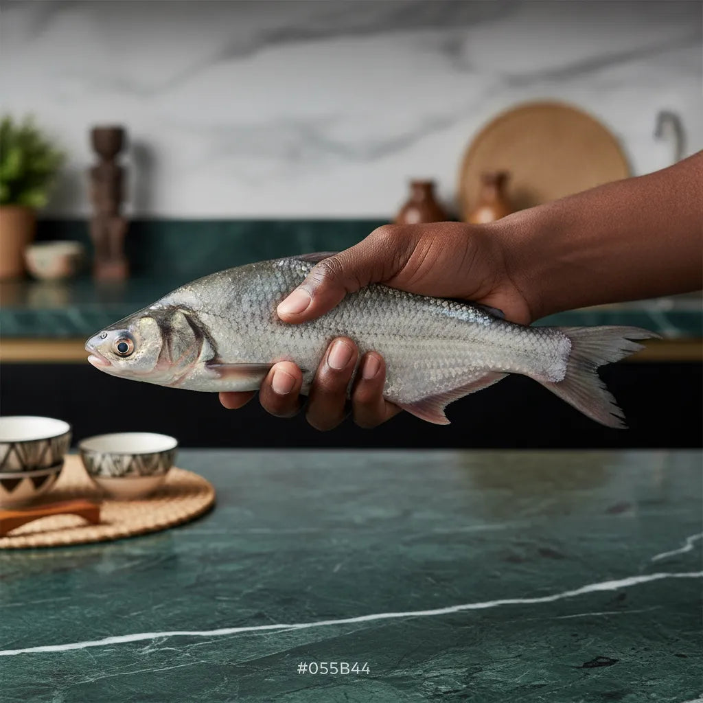 Main tenant un pangas entier frais sur plan de travail. Idéal pour recettes maison à base de poisson surgelé de qualité supérieure.