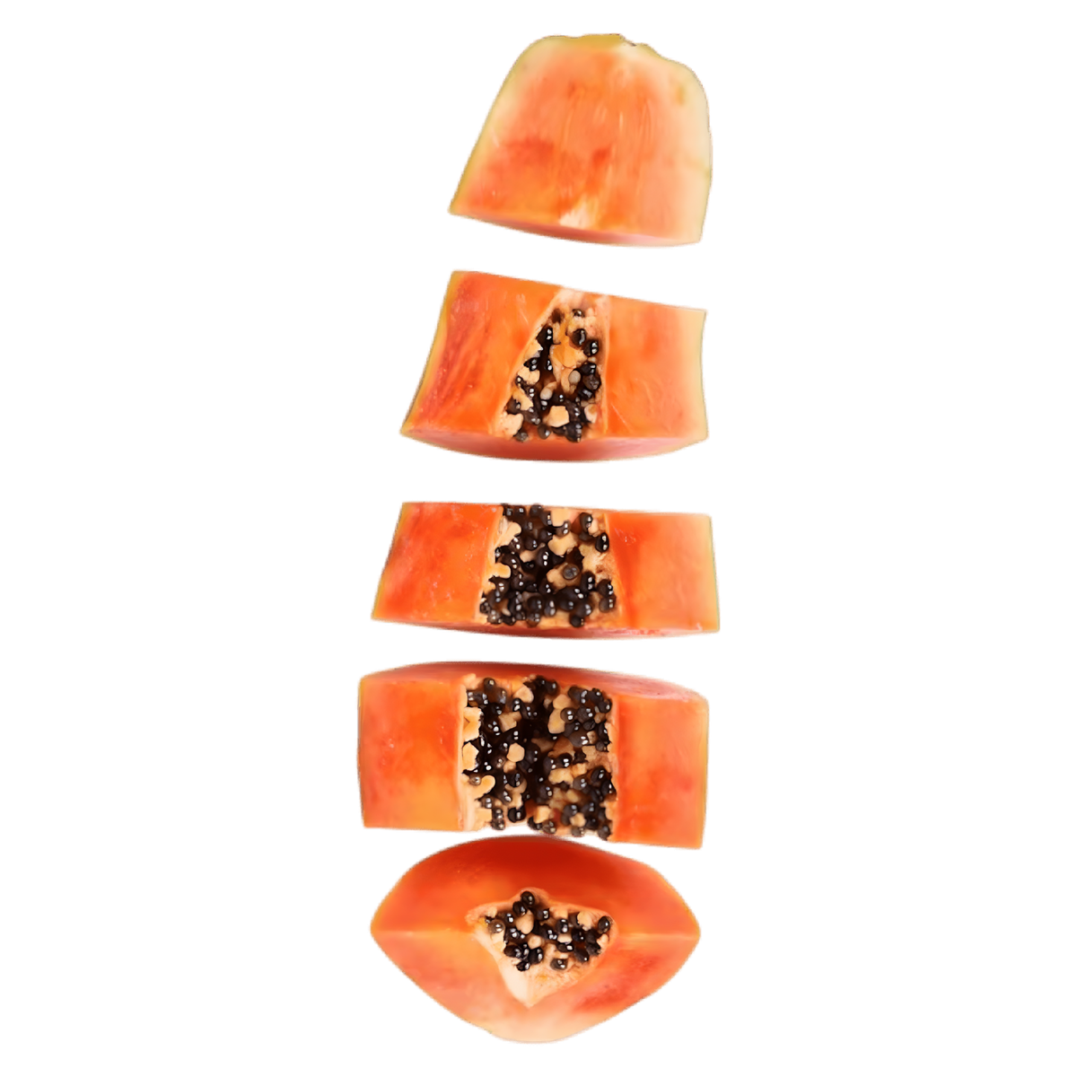 Papaye Formosa tranchée verticalement, révélant une chair orange vif et des graines noires, parfaite pour une consommation fraîche et sucrée.