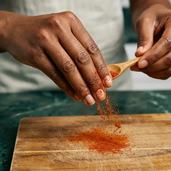SAMIA Paprika doux. Préparation avec une cuillère sur une planche à découper.