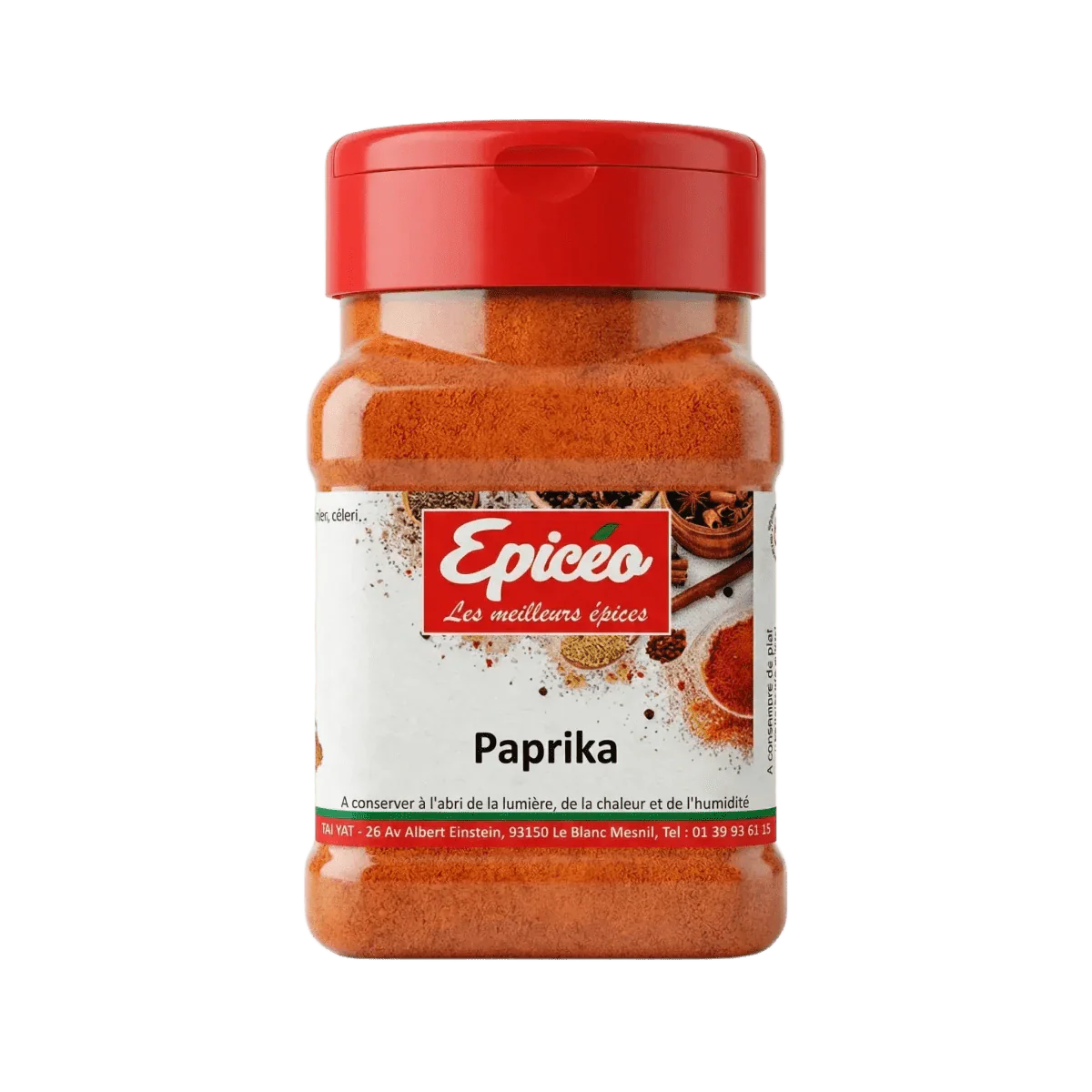 Boîte de paprika EPICÉO, 100g, sur fond vert. Le pot est rempli d'épice rouge.