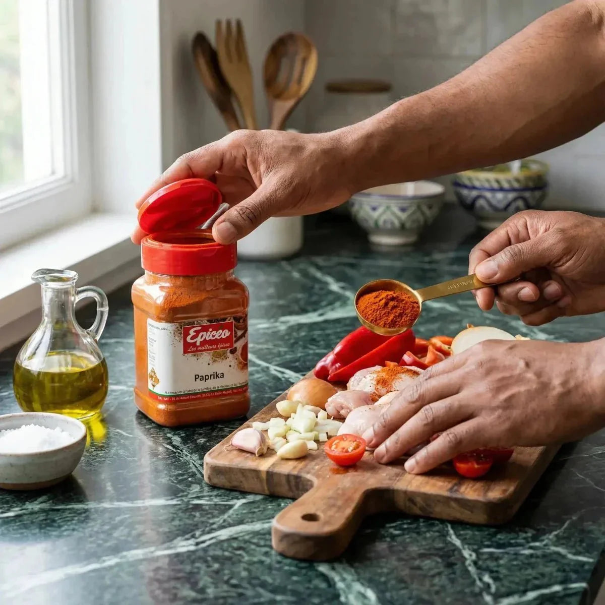 Paprika EPICÉO saupoudré sur une préparation culinaire. Plan de travail avec légumes, huile.